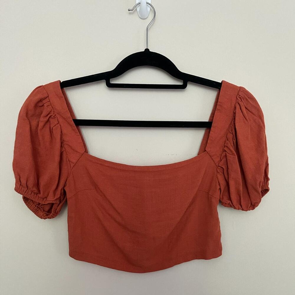 Pretty Little Thing Women's Orange Linen Crop top puffy sleeves Cottagecore 2